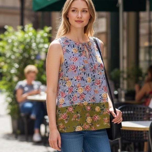 CAbi Tops - CAbi Penelope Floral Stripe Colorblock‎ Sheer Chiffon Retro Sleeveless Blouse XS